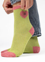Chaussettes Cœur Pailleté - Vert Olive & Rose
