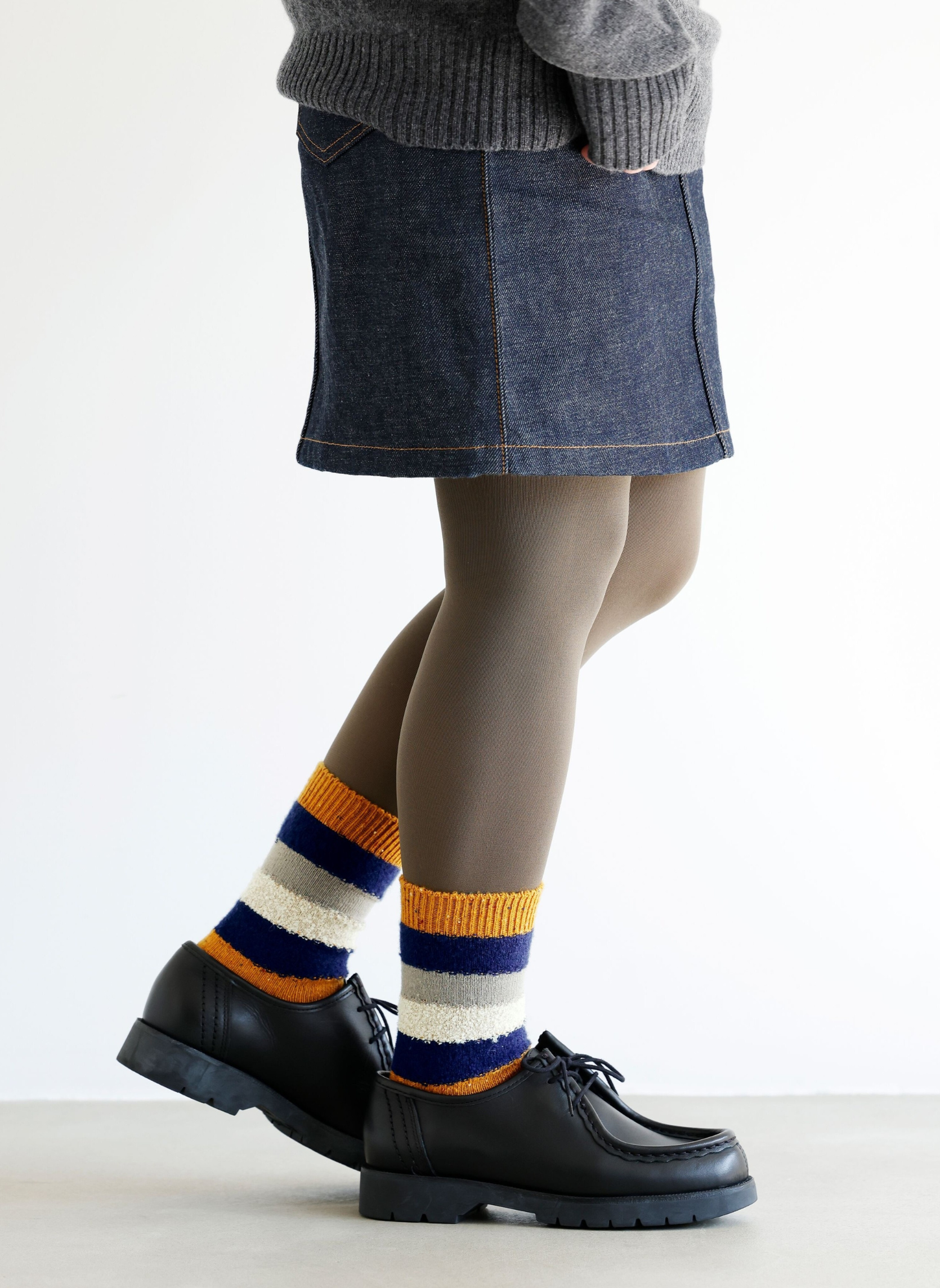 Socquettes Laine Rayures Chinées - Moutarde et Bleu