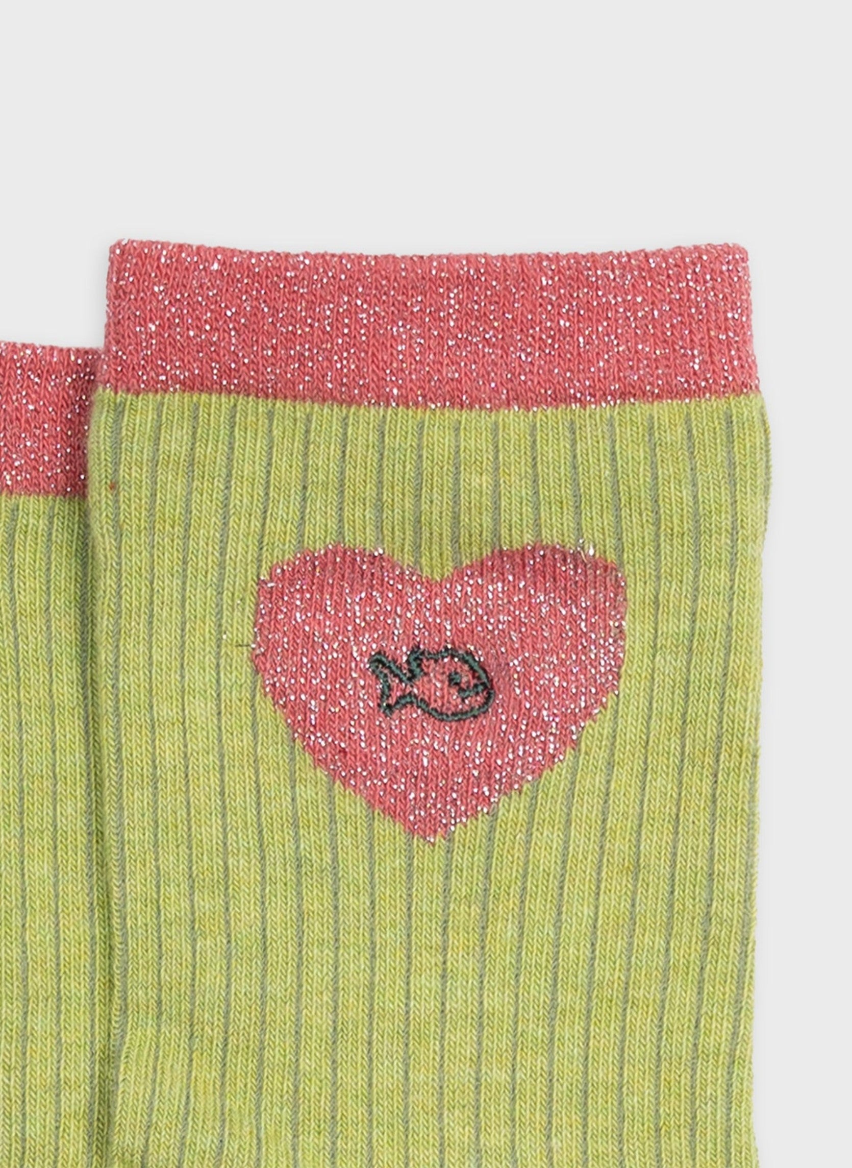 Chaussettes Cœur Pailleté - Vert Olive & Rose