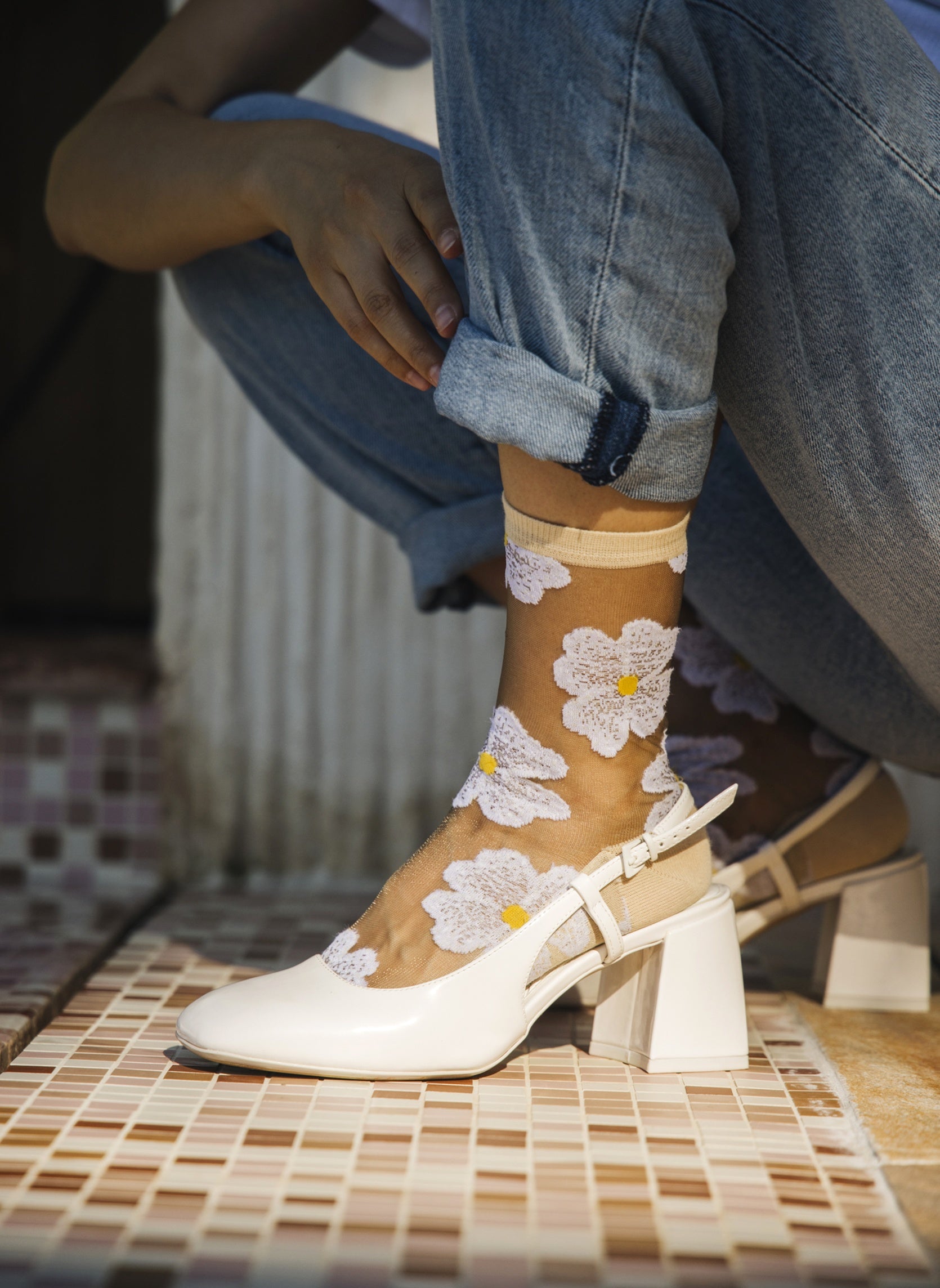 Chaussettes Transparentes à Fleurs Murano Crème - Photo 3