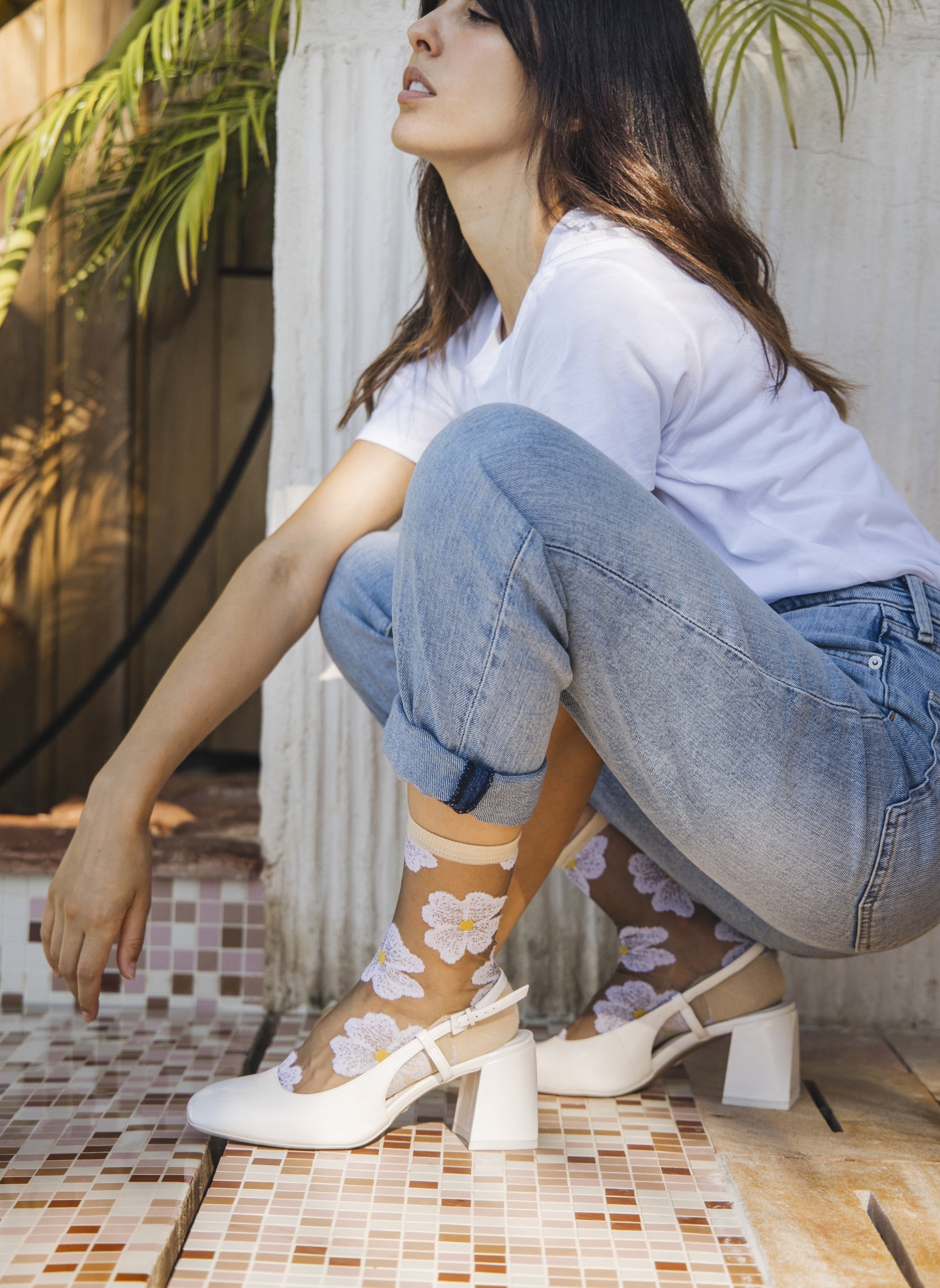 Chaussettes Transparentes à Fleurs Murano Crème - Photo 6