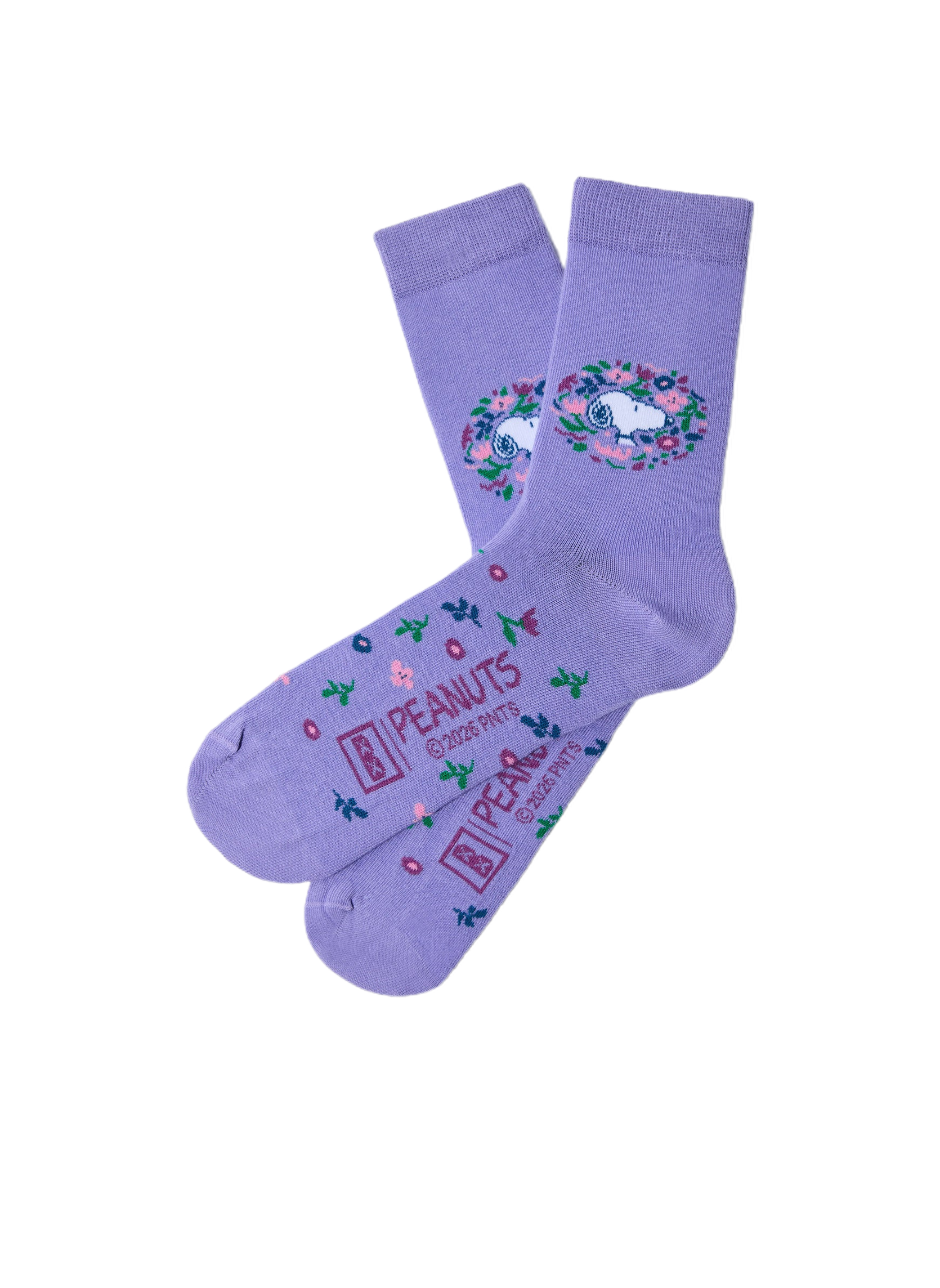 Chaussettes Snoopy Fleurs mauve à plat - coton biologique BeSocks