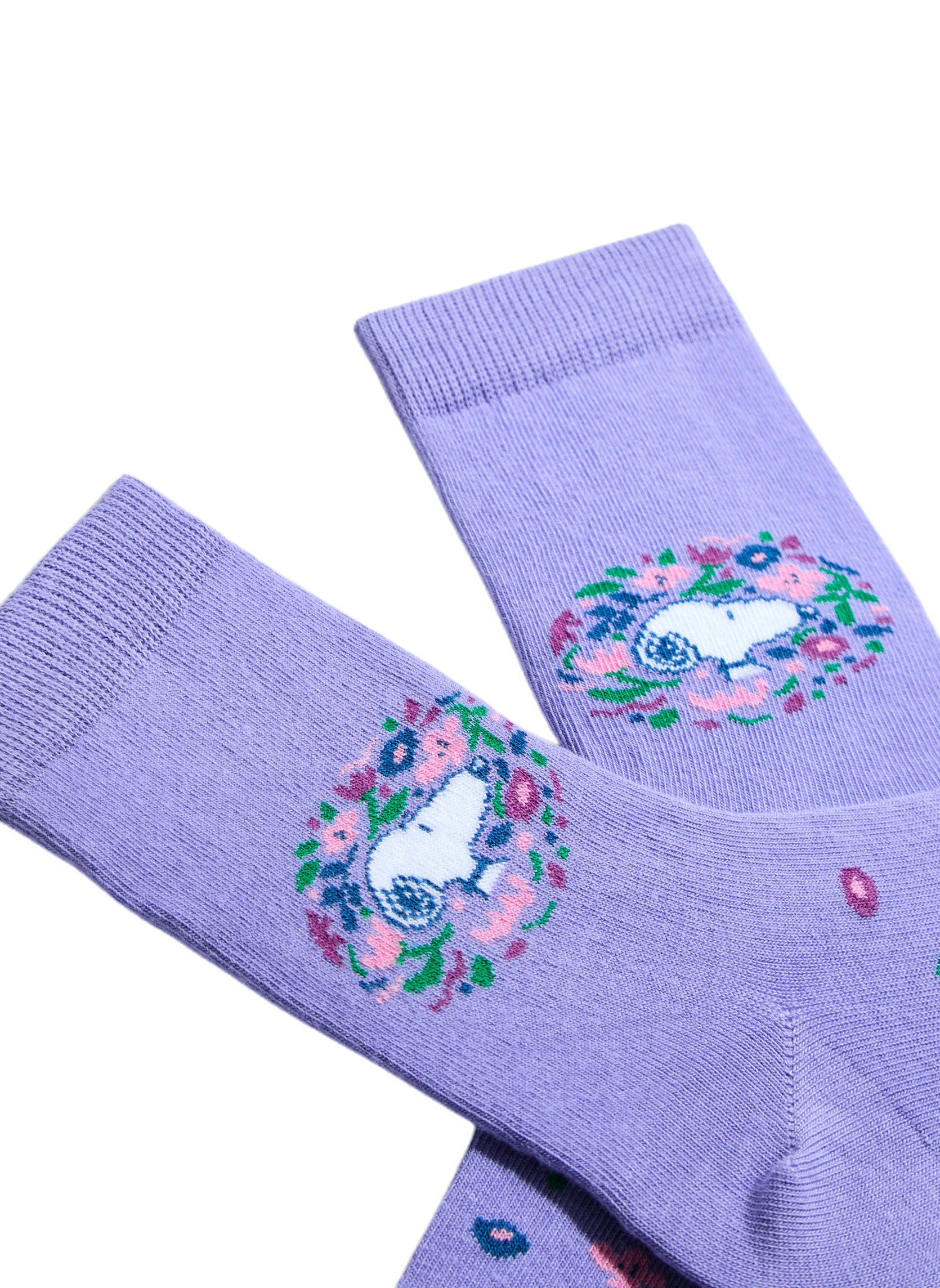 Chaussettes Snoopy Fleurs mauve portées - BeSocks