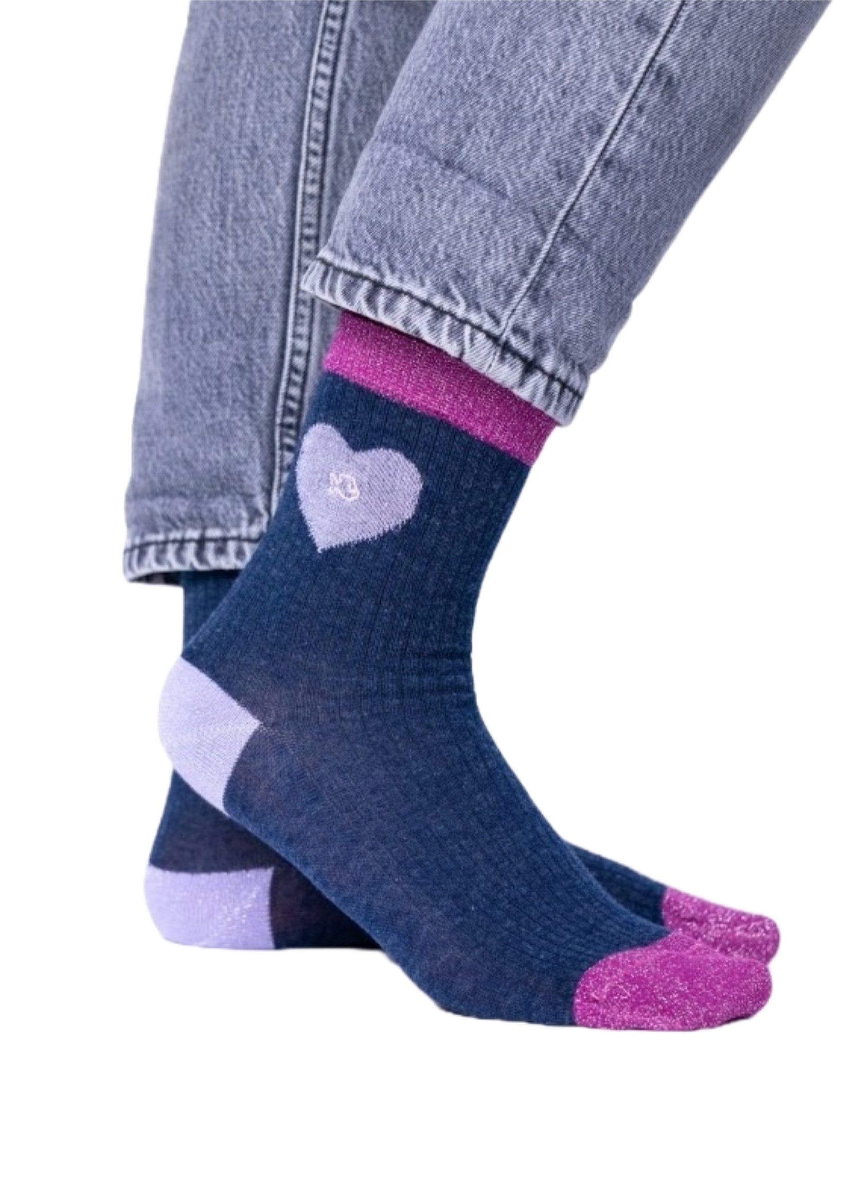 Chaussettes Cœur Pailleté - Bleu Marine et Violet