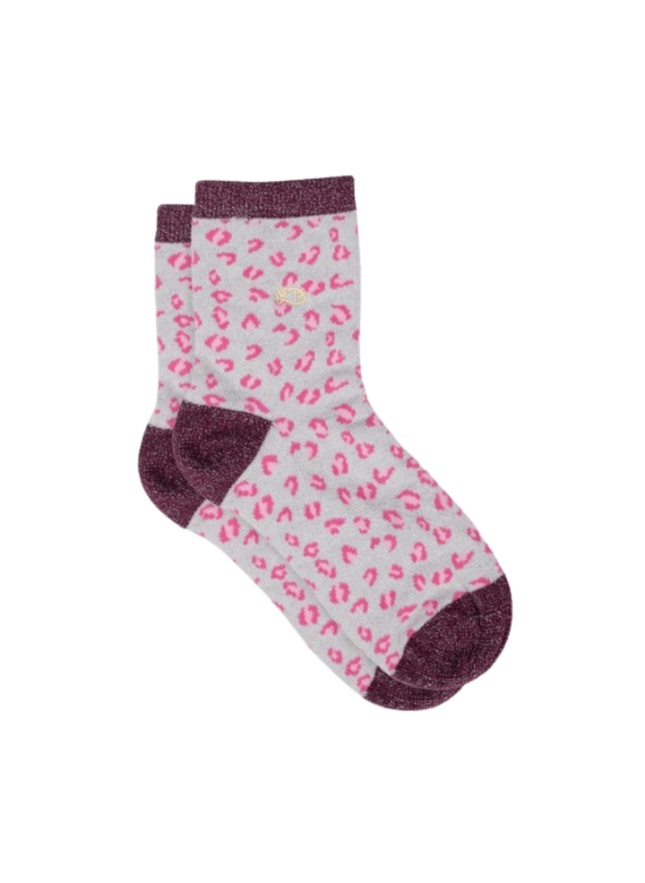 Chaussettes à Paillettes Léopard - Blanc & Rose - BILLYBELT