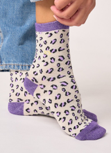 Chaussettes à Paillettes Léopard - Écru & Violet