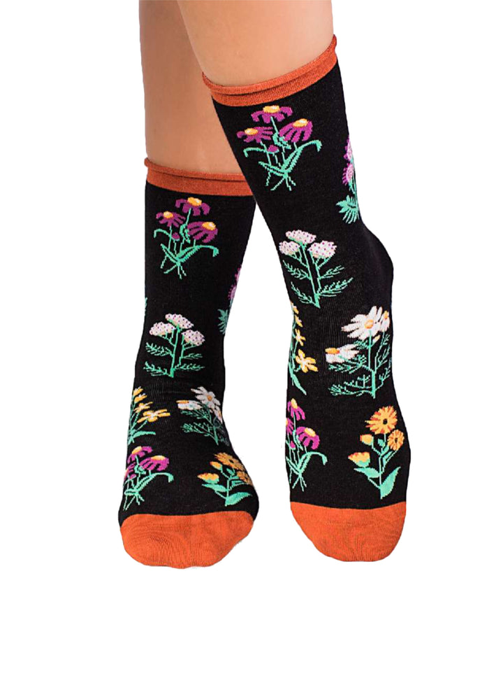 Chaussettes Coton Bio Fleurs & Herbes - Noires - Pirin Hill
