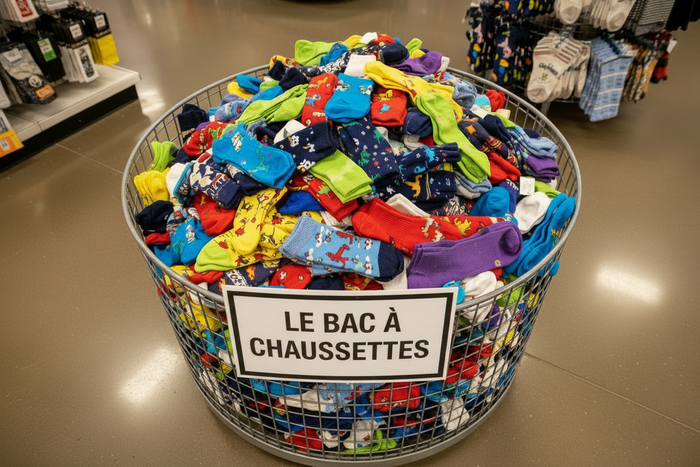 ajoute une pancarte indiquant : LE BAC A CHAUSSETTES