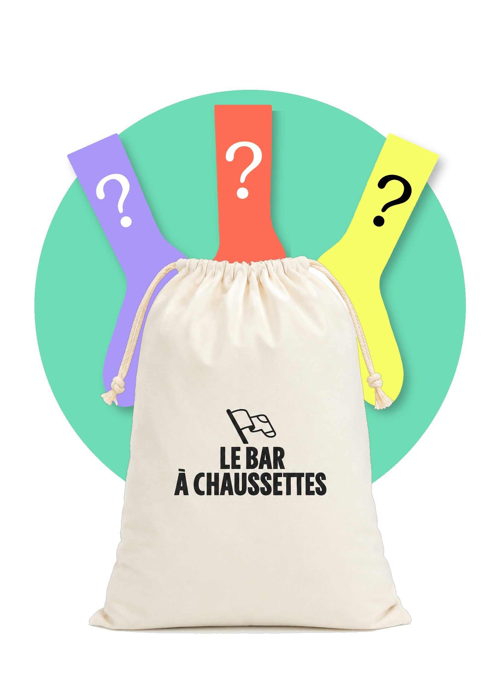 Lot surprise Le Bar à Chaussettes : un pochon en tissu et trois chaussettes à point d'interrogation, sur fond blanc