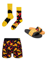 Lot fête des pères Total Look Pizza au Fromage — chaussettes, boxer et claquettes Dedoles